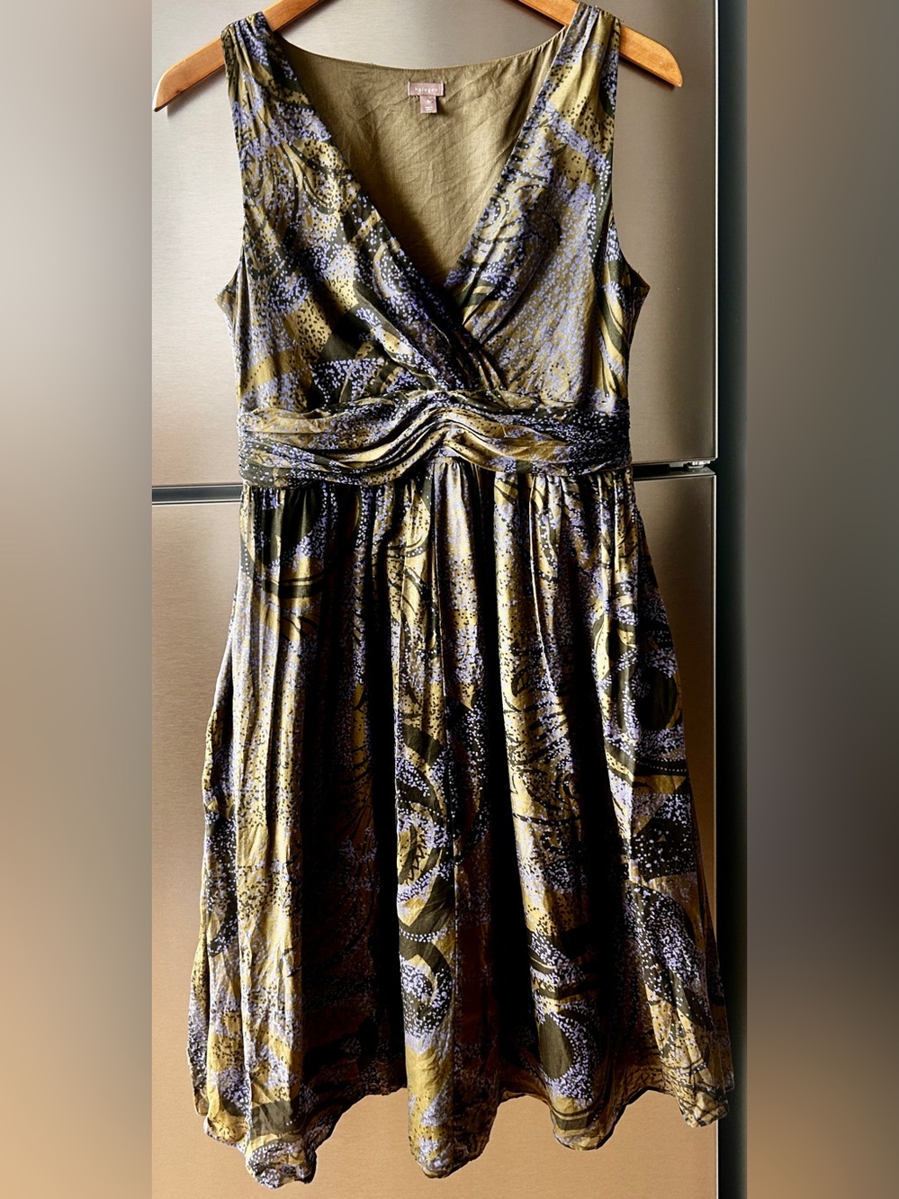 Halogen S Cotton Silk Abstract Print Ruched Fit Flare Midi Dress Pockets
